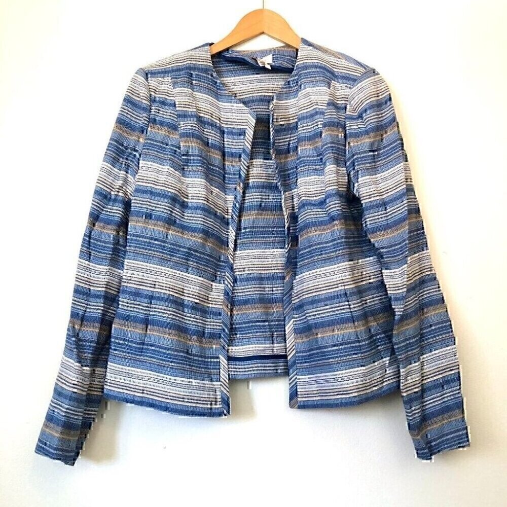 LAUNDRY BY SHELLI SEGAL Blue White Tan Striped Tweed Open Front Blazer Jacket 14